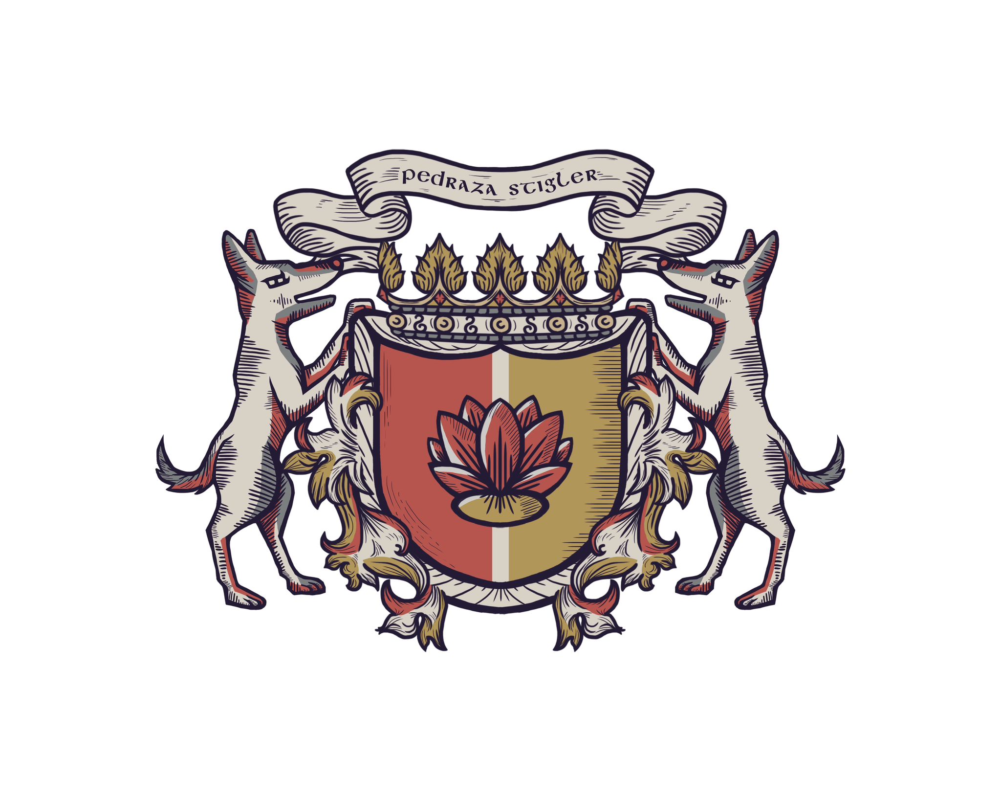 Pedraza Stigler family crest with two dogs flanking a red and gold shield
